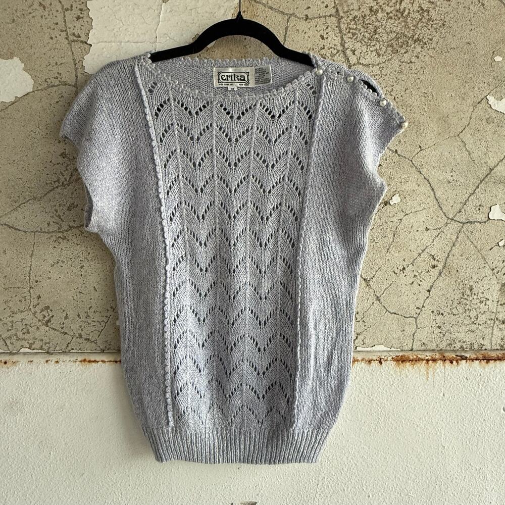 Vintage Silver Knit Tank Pearl Button Sleeveless Sweater Top Size M Coquette‎